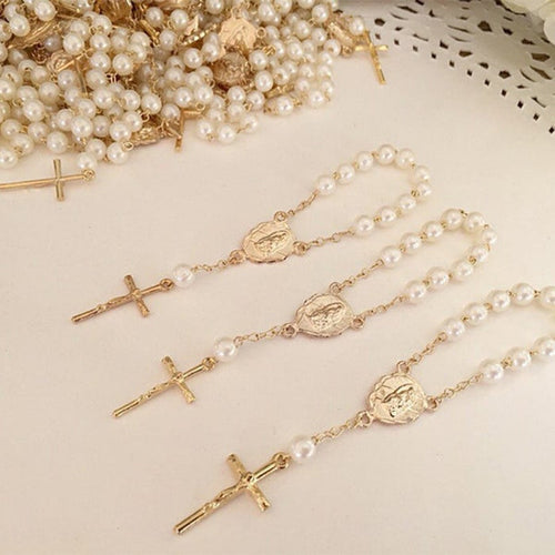 Holy Cross Mini Prayer Rosary Imitation Pearl Keepsake -Favor - Silver or Gold