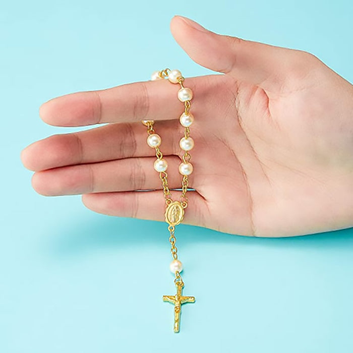 Holy Cross Mini Prayer Rosary Imitation Pearl Keepsake -Favor - Silver or Gold