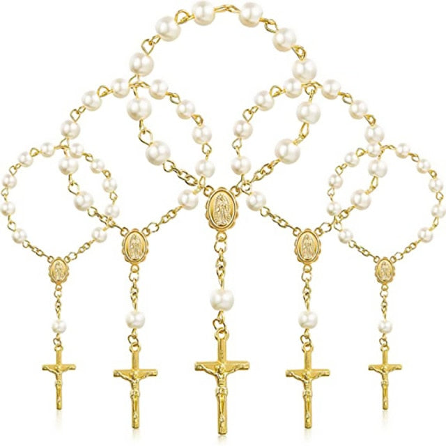 Holy Cross Mini Prayer Rosary Imitation Pearl Keepsake -Favor - Silver or Gold