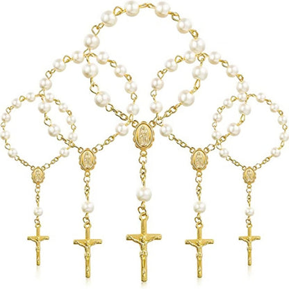 Holy Cross Mini Prayer Rosary Imitation Pearl Keepsake -Favor - Silver or Gold
