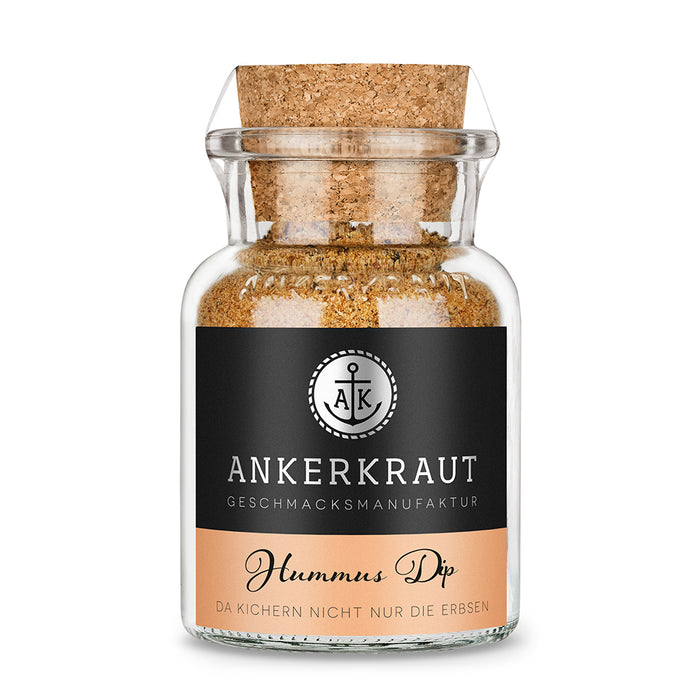 Hummus Gewürz von Ankerkraut im Korkenglas auf weißem Hintergrund.