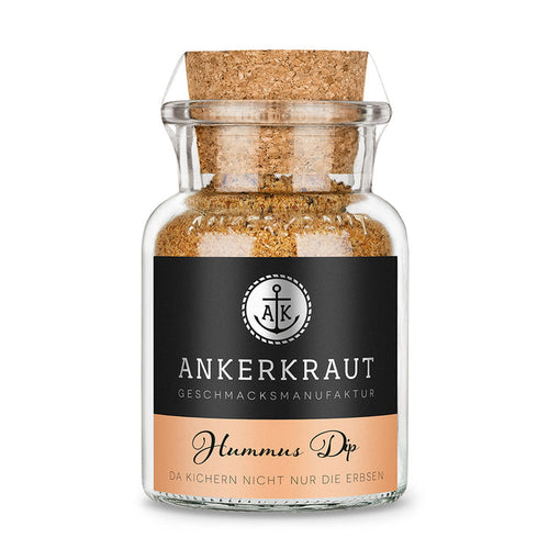 Hummus Gewürz von Ankerkraut im Korkenglas auf weißem Hintergrund.