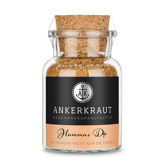 Hummus Gewürz von Ankerkraut im Korkenglas auf weißem Hintergrund.