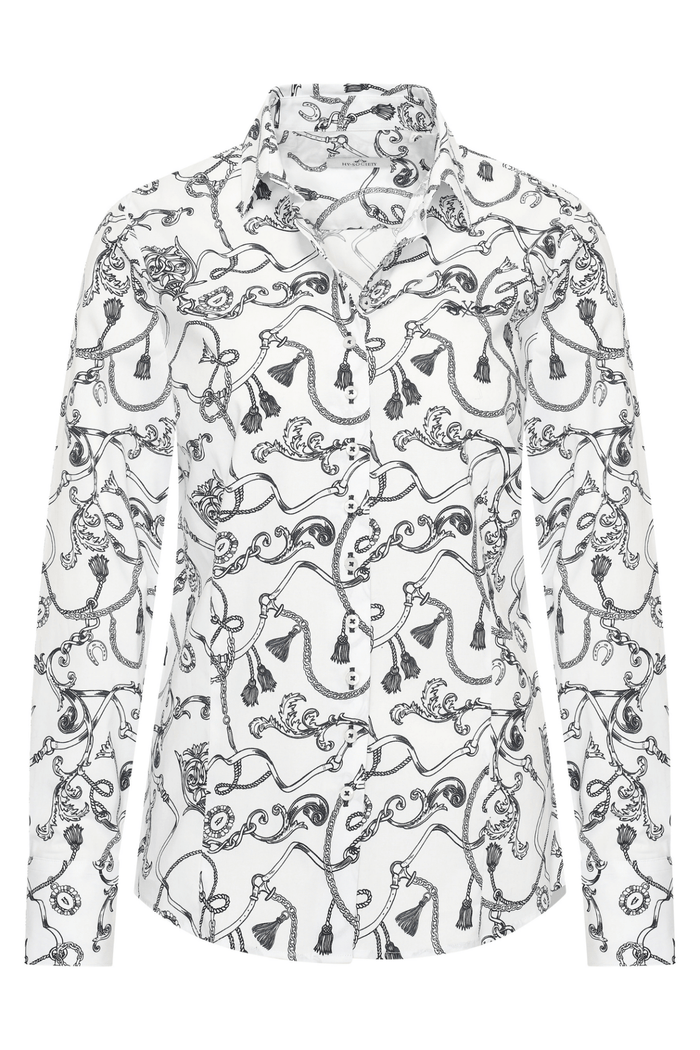 Dotique HV Society blue and white printed viscose blouse with tassel and chain motif