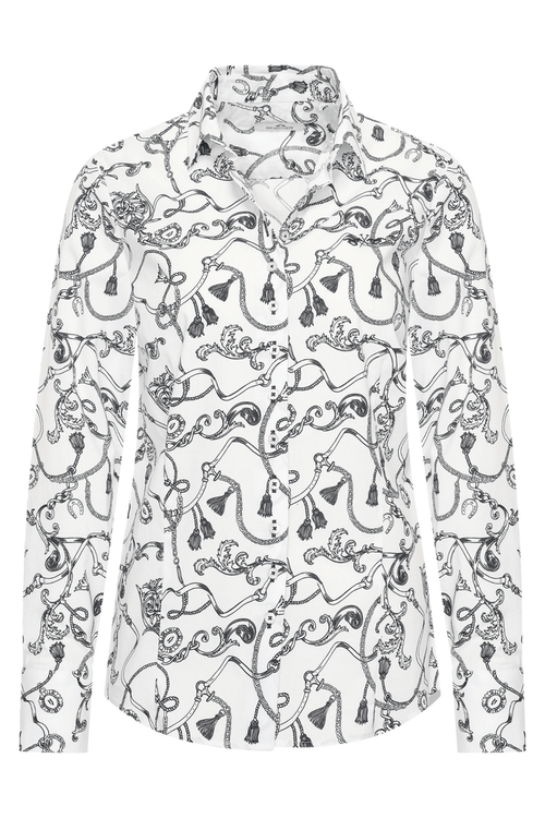 Dotique HV Society blue and white printed viscose blouse with tassel and chain motif