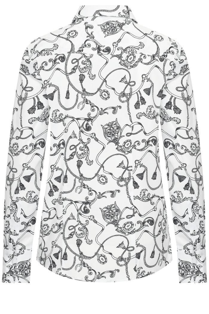Dotique HV Society blue and white printed viscose blouse with tassel and chain motif