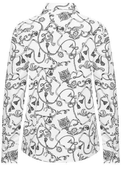 Dotique HV Society blue and white printed viscose blouse with tassel and chain motif