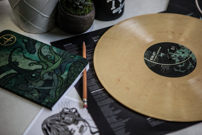 A limited pressing beige Eisley vinyl record rests on a black album cover with white text. Nearby are a pencil, green notebook featuring an octopus illustration, a sketch, and potted plants on a light surface.