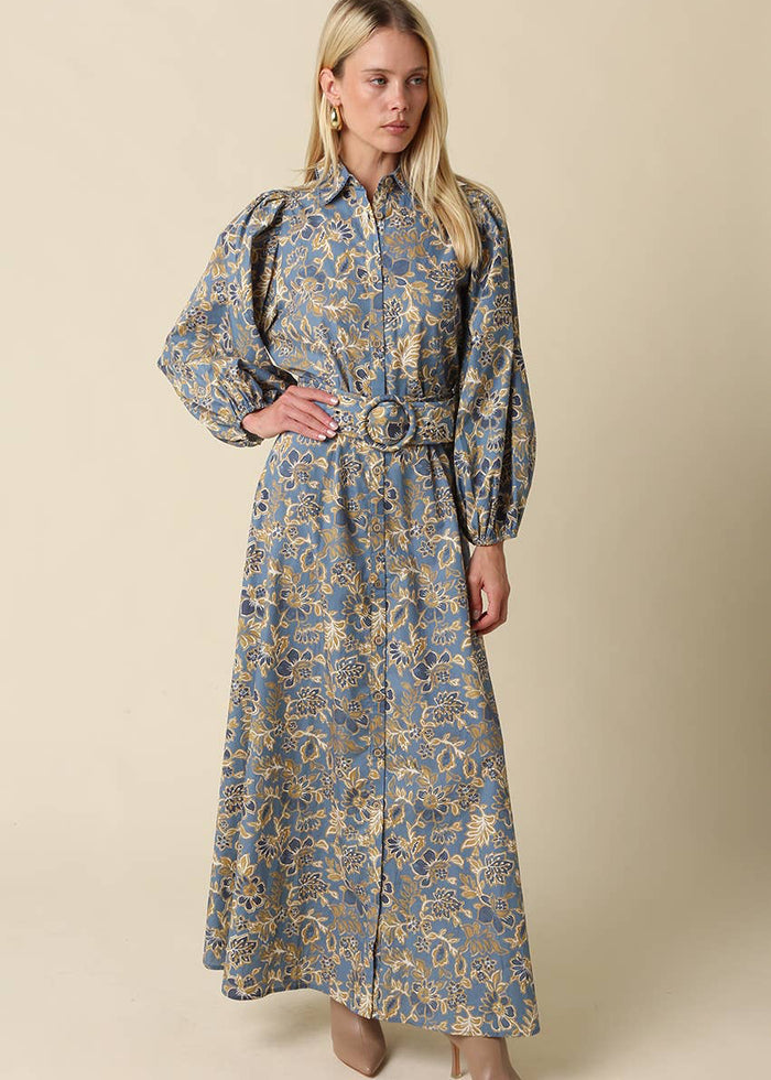 olivaceous fall maxi floral dress Jasmin Floral Belted Blue Grey and Gold Maxi Dress