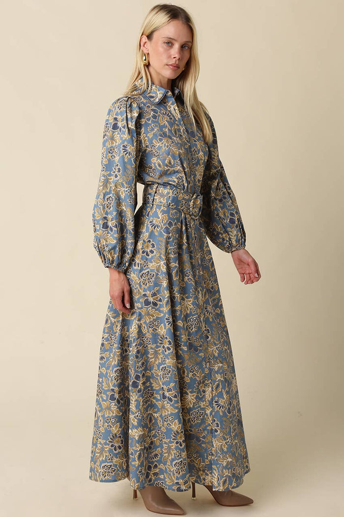 Jasmin Floral Belted Blue Grey and Gold Maxi Dress