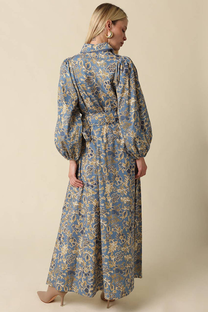 Jasmin Floral Belted Blue Grey and Gold Maxi Dress