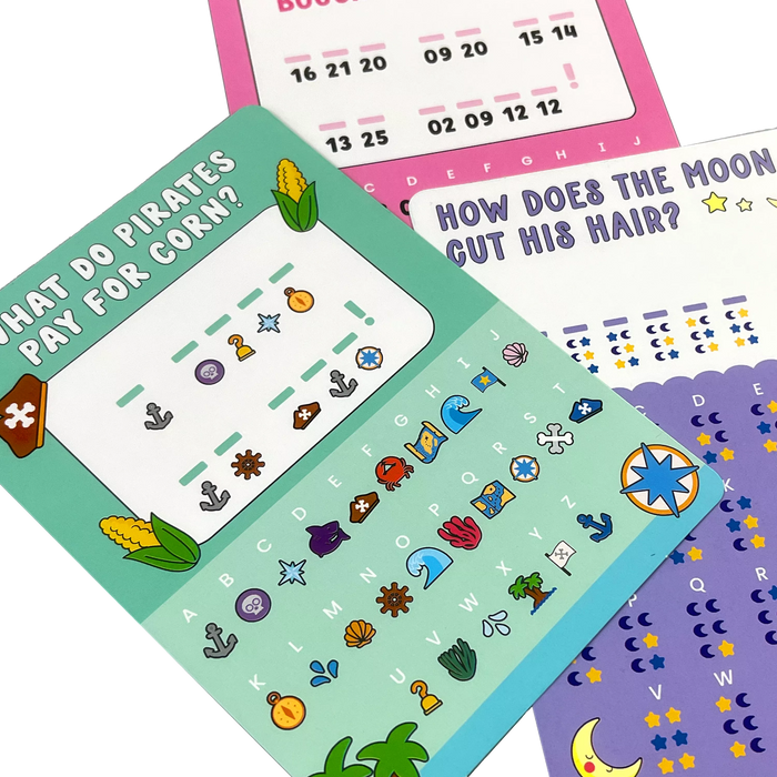 Joke Decoder Paper Games activity cart set games close up