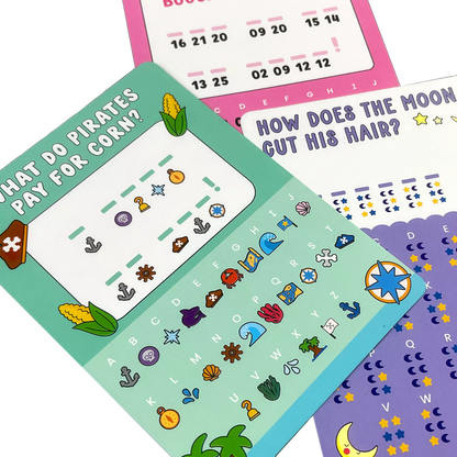Joke Decoder Paper Games activity cart set games close up