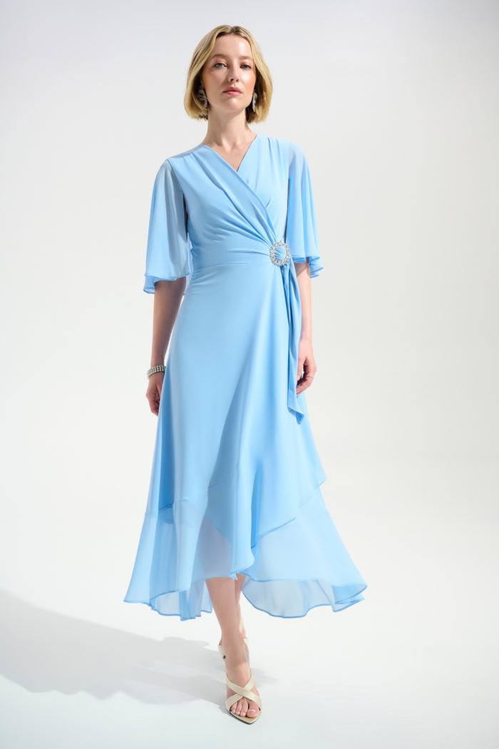 Joseph Ribkoff 261714 Sky Blue Signature Silky Knit Flowy Wrap Dress With Buckle Rhinestones Detail by joseph ribkoff shop at Dotique front view
