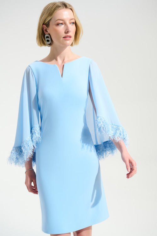Joseph Ribkoff 261715 Silky Knit A-Line Dress With Chiffon Cape And Novelty Trim Pale Blue Dress by joseph ribkoff shop the brand at Dotique front view