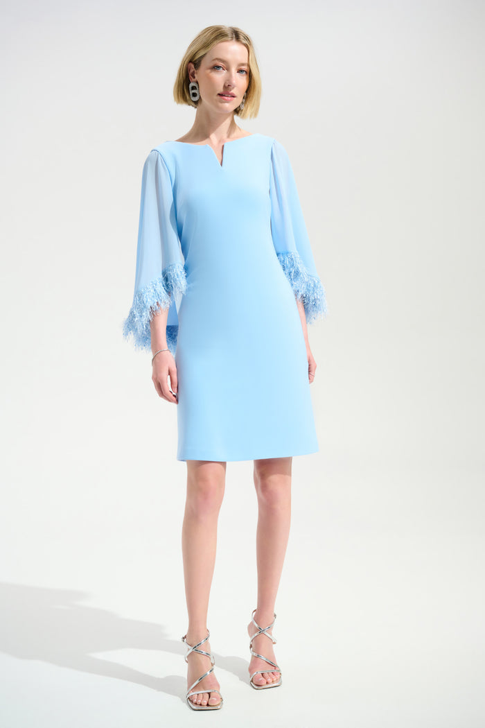 Joseph Ribkoff 261715 Silky Knit A-Line Dress With Chiffon Cape And Novelty Trim Pale Blue Dress by joseph ribkoff shop at Dotique front view