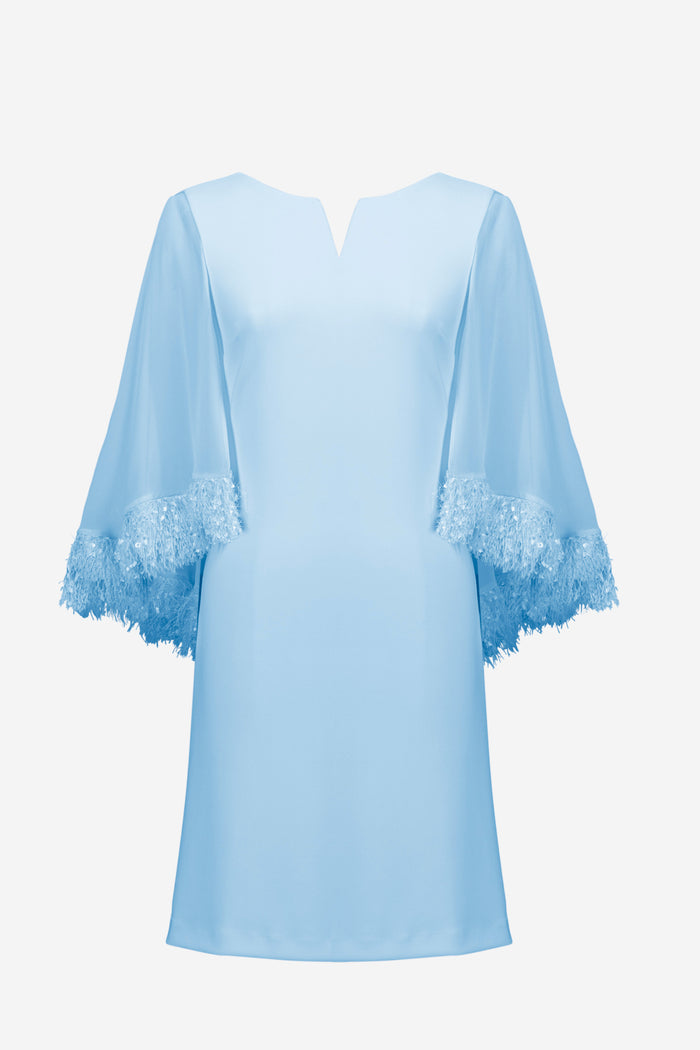 Joseph Ribkoff 261715 Silky Knit A-Line Dress With Chiffon Cape And Novelty Trim Pale Blue Dress by joseph ribkoff shop at Dotique front view