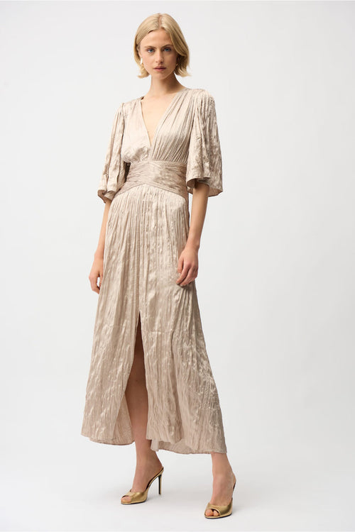 Joseph Ribkoff 261962 Parchment Satin Fit and Flare Pleated Dress by joseph ribkoff shop the brand at Dotique front view