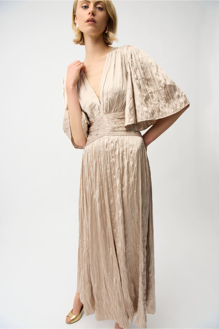 Joseph Ribkoff 261962 Parchment Satin Fit and Flare Pleated Dress by joseph ribkoff available to shop at Dotique front pose view