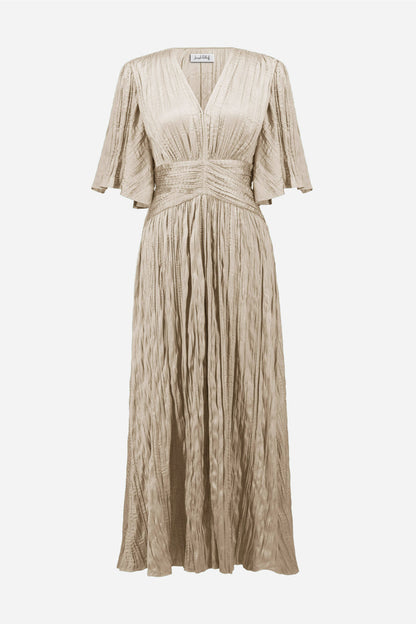 Joseph Ribkoff 261962 Parchment Satin Fit and Flare Pleated Dress by joseph ribkoff shop the brand at Dotique front view