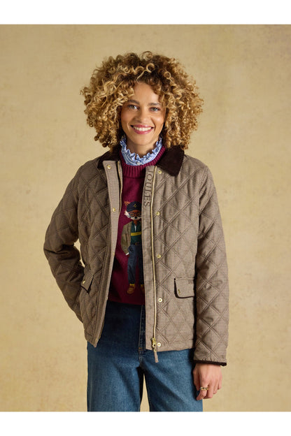 Joules Harrogate Check Coat worn by smiling model Shop Joules at Dotique
