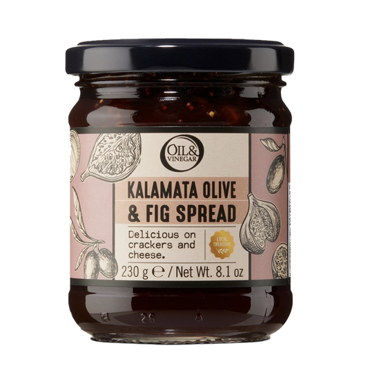 A jar of Kalamata Olive & Fig Spread with a label showing illustrations of olives, figs, and almonds, indicating the ingredients of the product.