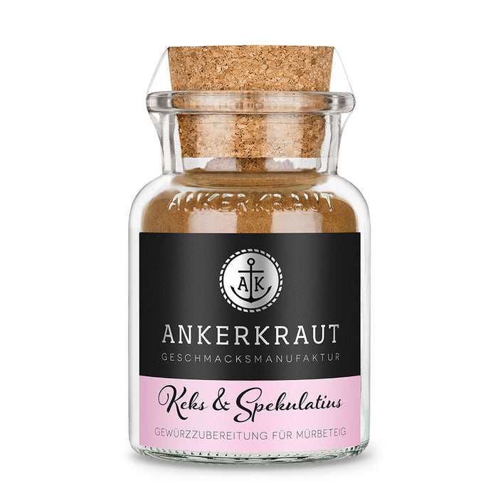 Plätzchen Gewürz von Ankerkraut im Korkenglas auf weißem Hintergrund.