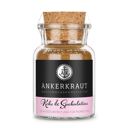 Plätzchen Gewürz von Ankerkraut im Korkenglas auf weißem Hintergrund.