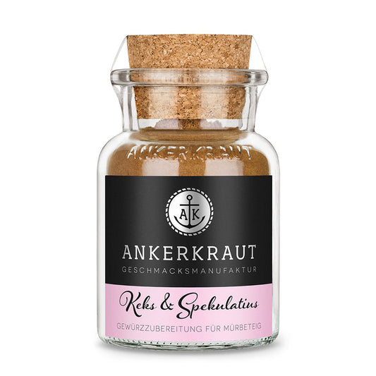 Plätzchen Gewürz von Ankerkraut im Korkenglas auf weißem Hintergrund.