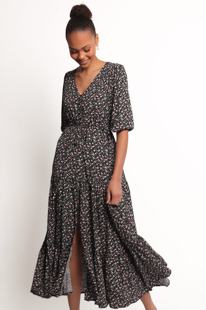Petal and Pup USA DRESSES Kelda Dress - Black Rosebud Floral