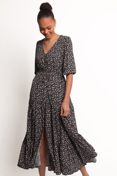 Petal and Pup USA DRESSES Kelda Dress - Black Rosebud Floral