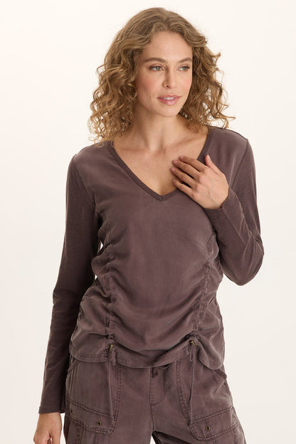 XCVI Ketti Long Sleeve Twill/Jersey Ruched V-Neck