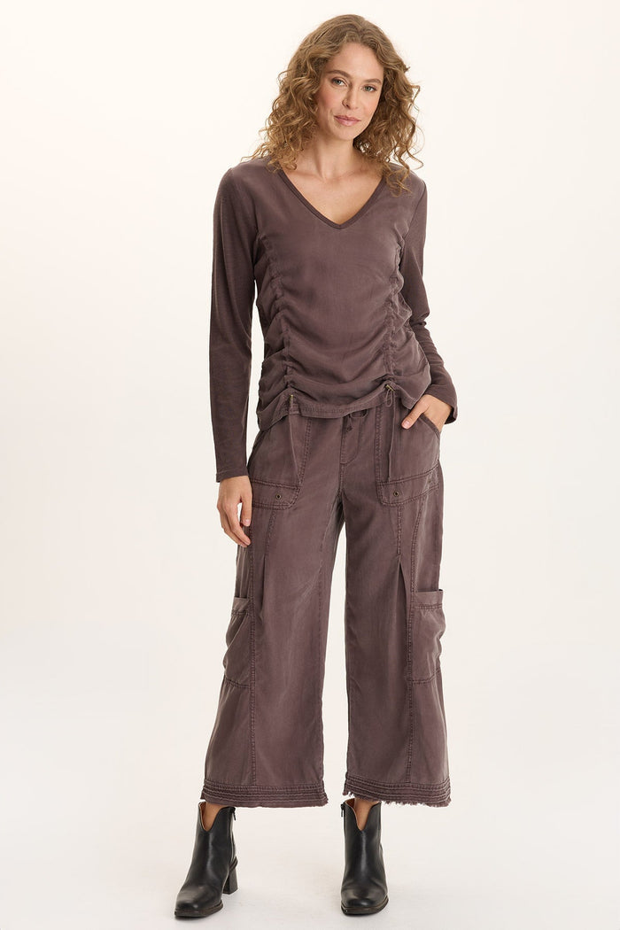 XCVI Ketti Long Sleeve Twill/Jersey Ruched V-Neck