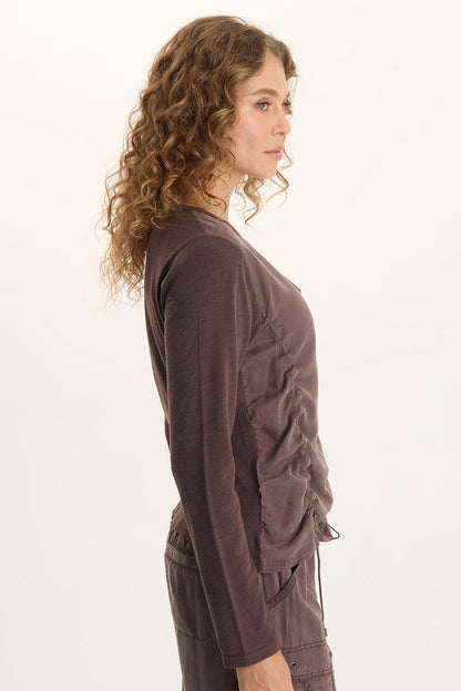 XCVI Ketti Long Sleeve Twill/Jersey Ruched V-Neck