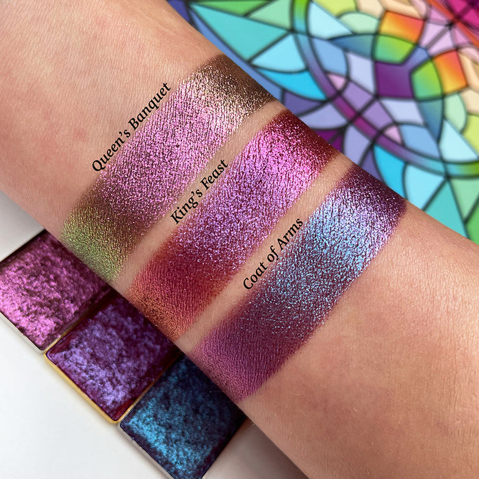 Top angled arm swatches on fair skin tone of King's Feast Hybrid Multichrome Pigment shifts compared to Queen's Banquet and Coat of Arms