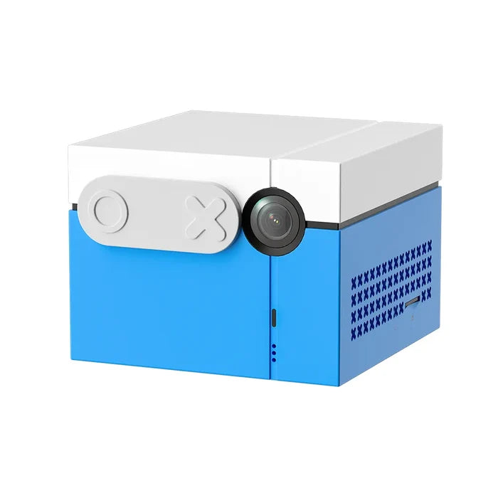 Blue and white portable projector on a white background