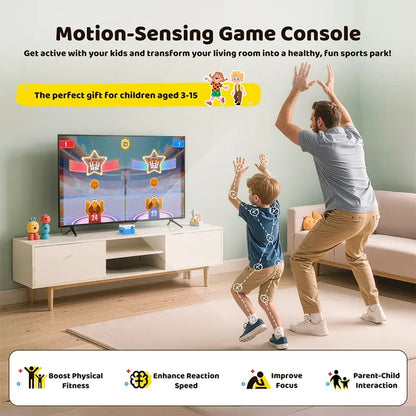Father and son playing a motion-sensing game console in a living room.