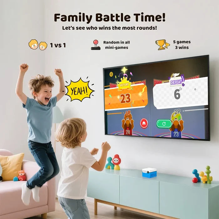 Two children playing a video game on a screen with text 'Family Battle Time!' displayed.