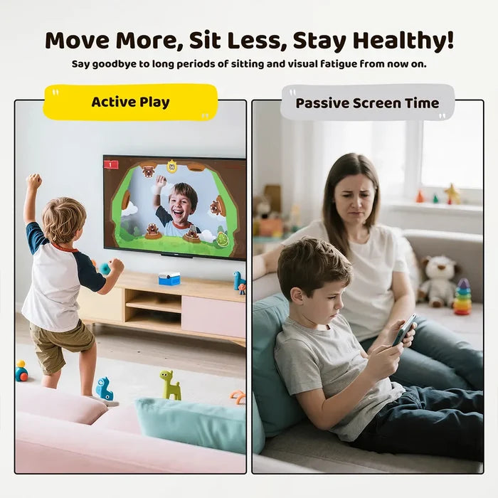 Comparison of active play and passive screen time with a child and a woman on a couch.