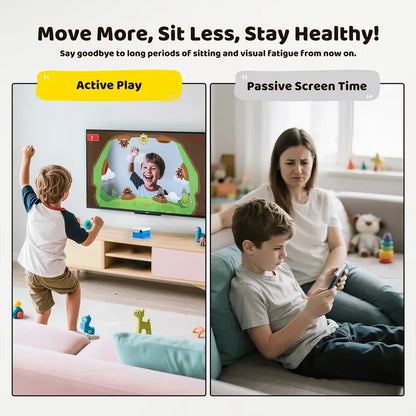 Comparison of active play and passive screen time with a child and a woman on a couch.
