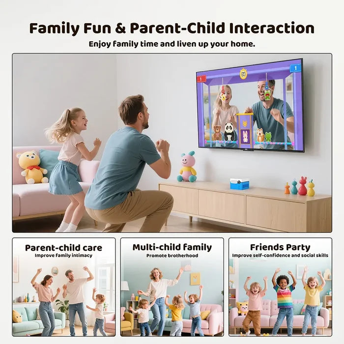 Family playing together with a TV screen showing animated characters, promoting family fun and parent-child interaction.