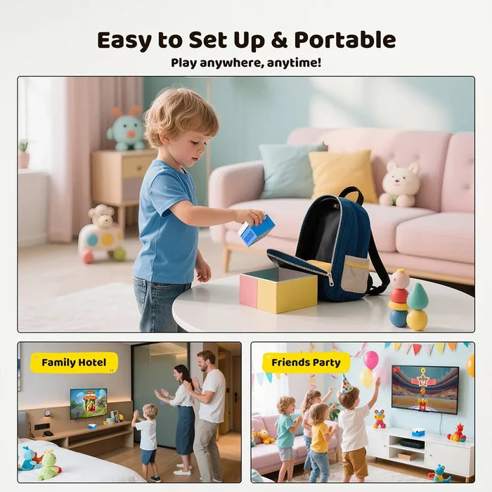 Child playing with toys in a living room, with text 'Easy to Set Up & Portable' and examples of use in different settings.