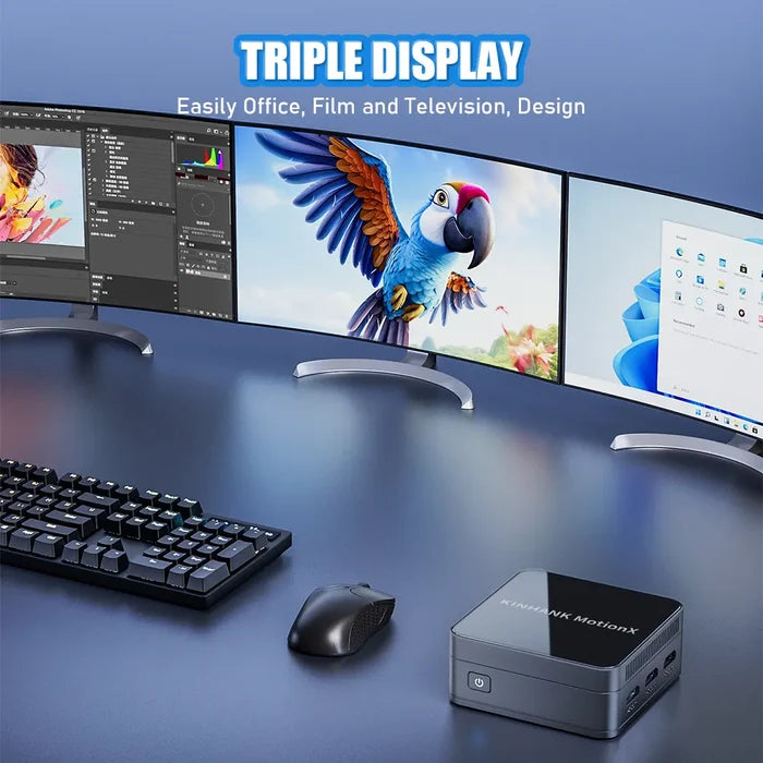 Multiple computer monitors on a desk with a keyboard and mouse, featuring a parrot image on one screen.