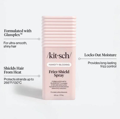 Kit'sch Frizz Shield Spray bottle with product features on a white background