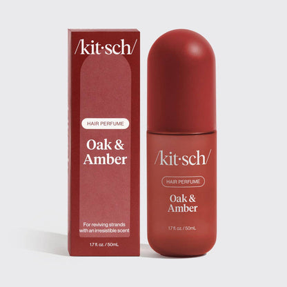 Kitsch Oak & Amber hair perfume bottle and packaging on a white background