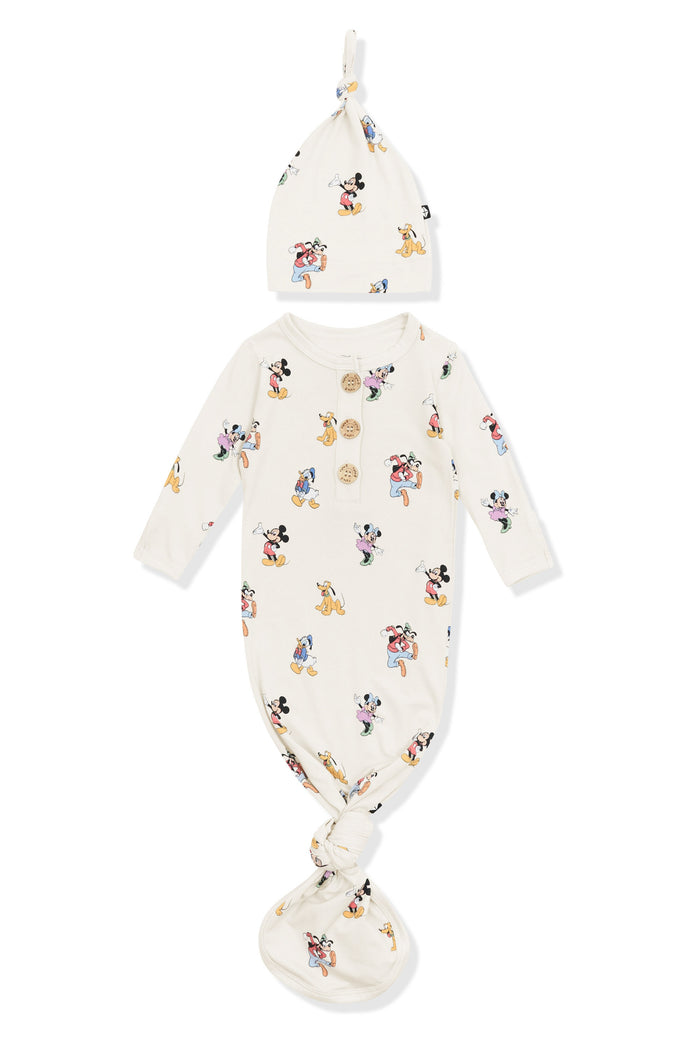 Knotted Gown with Hat Set in Mickey Mouse and Friends print on an oat background