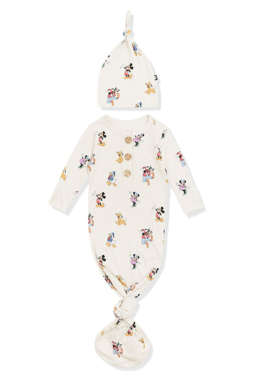 Knotted Gown with Hat Set in Mickey Mouse and Friends print on an oat background