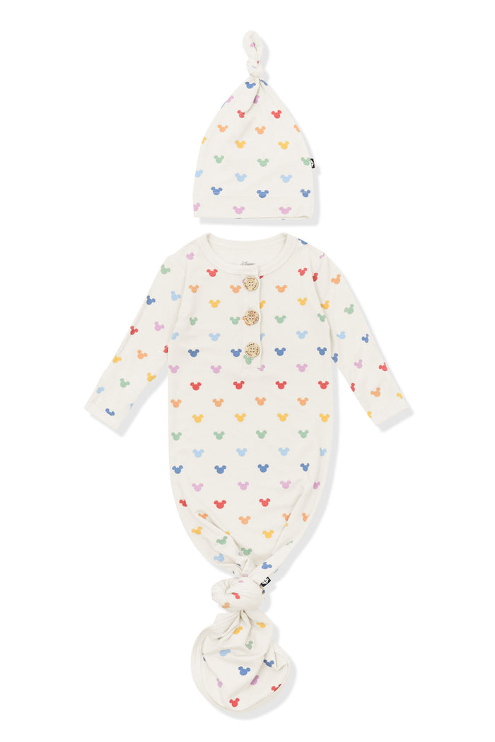 Knotted Gown with Hat Set in Pastel Mickey Mouse pattern on an oat background