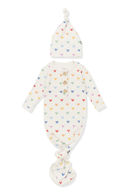 Knotted Gown with Hat Set in Pastel Mickey Mouse pattern on an oat background