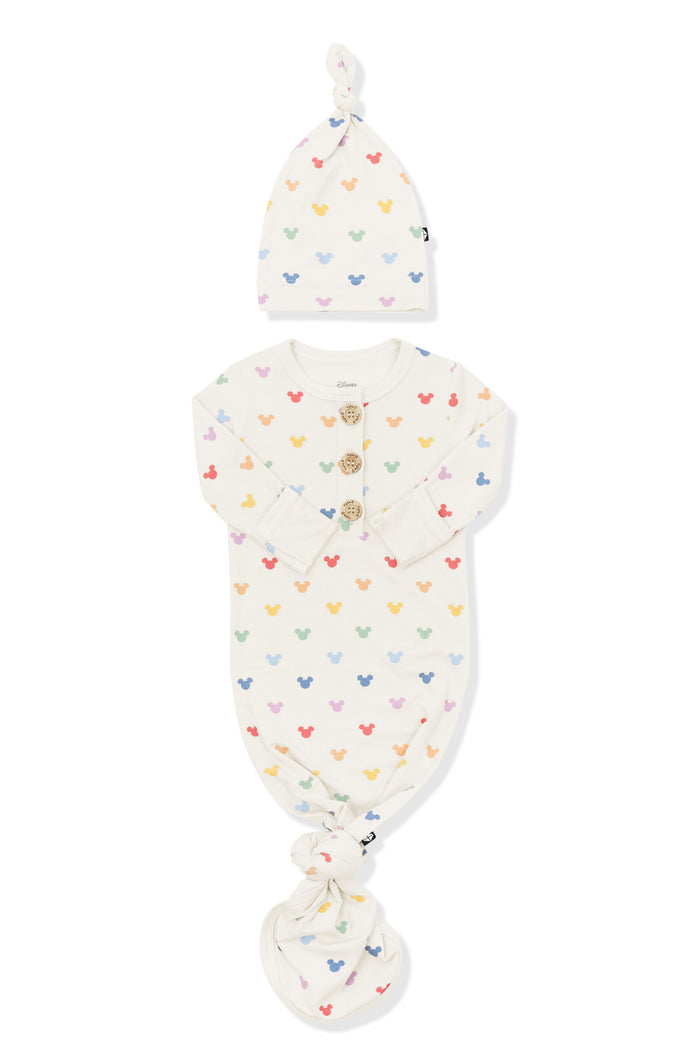 Front of Knotted Gown with Hat Set in Pastel Mickey Mouse pattern on an oat background